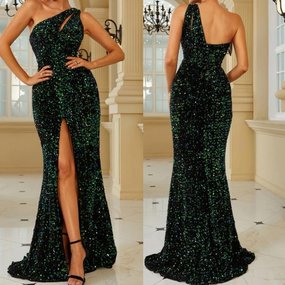 Dresses & Skirts - Luxe one shoulder cutout slit thigh party formal evening wedding sequins dress